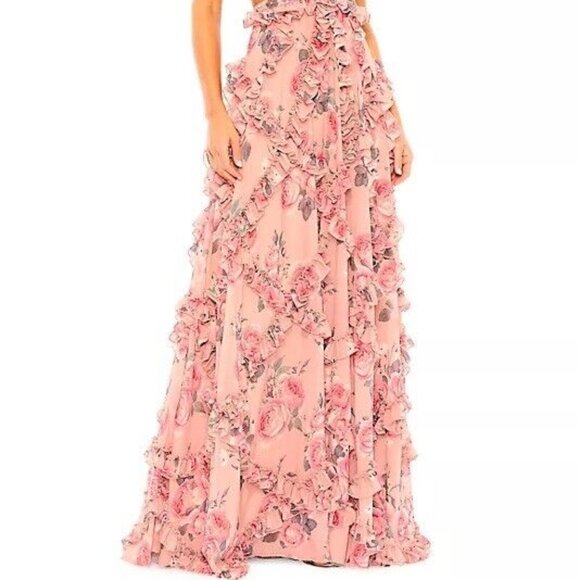 Mac Duggal Rose Pink Floral Ruffle Chiffon Cut-Out Beaded Waist Gown - Picture 2 of 5